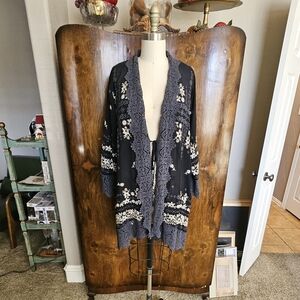Vintage Johnny Was Black, Charcoal and Ivory Embroidered Kimono